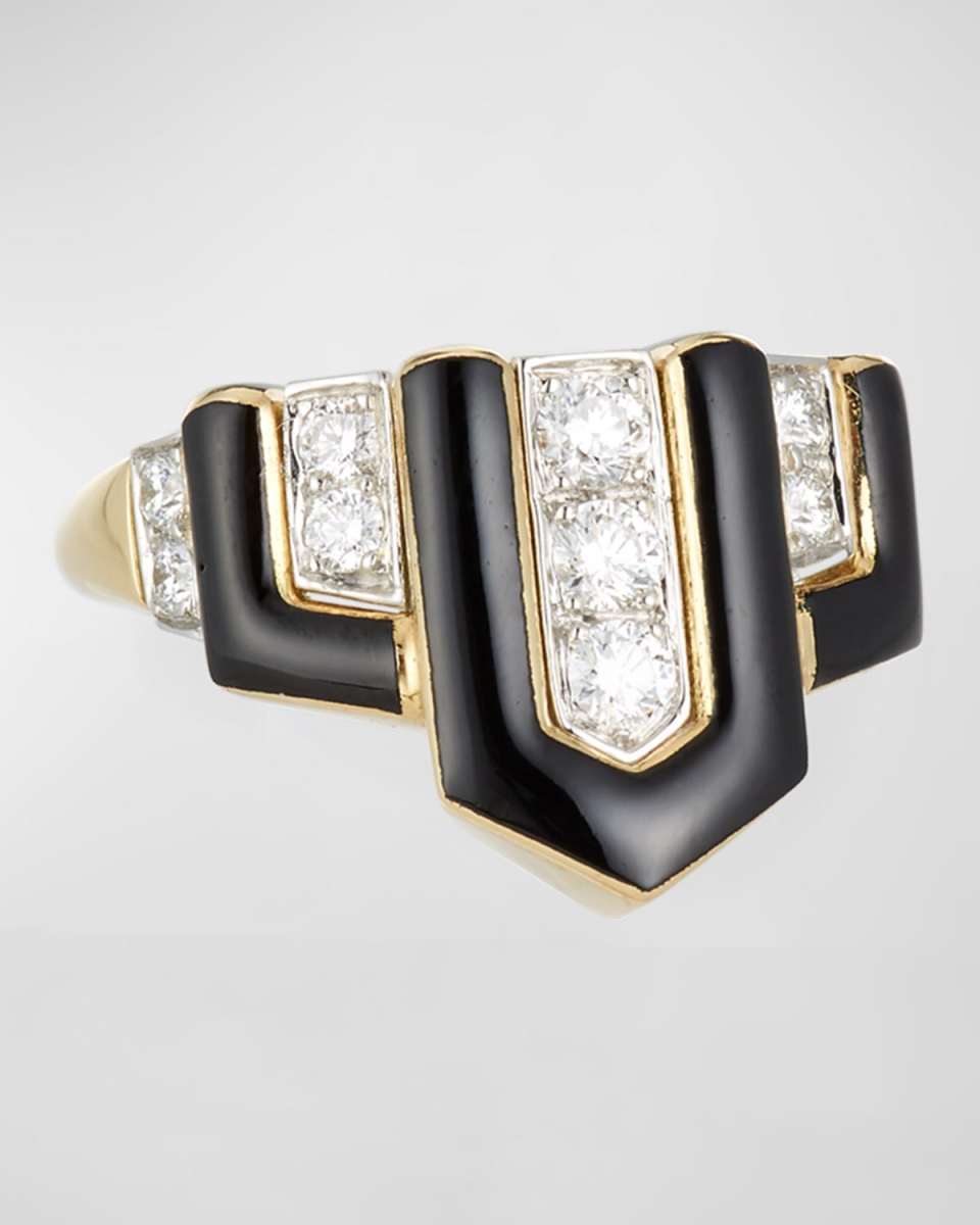 Geometric Black Enamel & Diamond Ring, Size 6.25